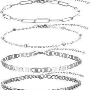 Gold Anklet for Women Men, 14K White Gold Plated Stainless Steel Anklets Set for